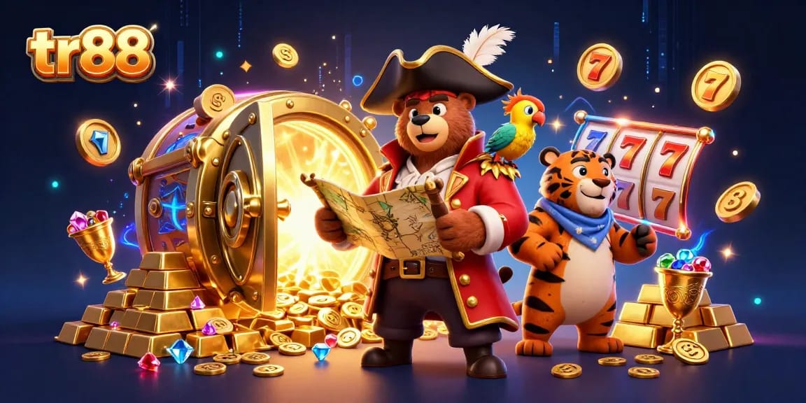 Experience thrilling adventures at tr88 with a dynamic illustration of a pirate captain bear and treasure.
