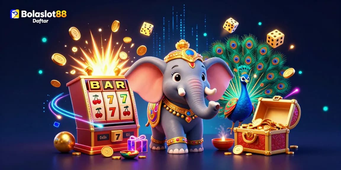 Bolaslot88 Daftar showcases a vibrant casino scene with a cash explosion from a slot machine, captivating gamblers with thrilling elements.