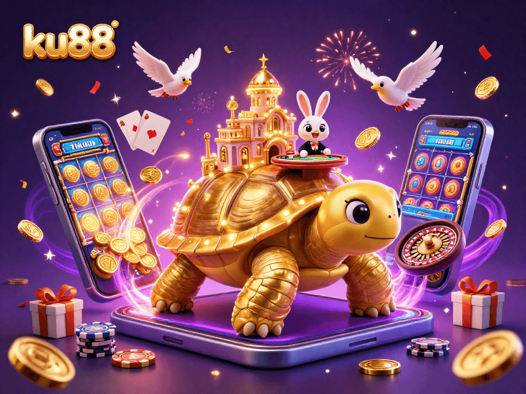 Join the excitement at ku88 with a golden tortoise casino and a rabbit dealer amidst flying coins!