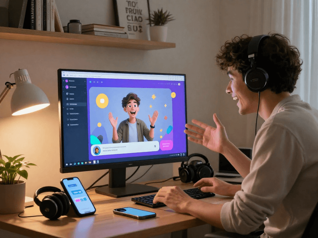 Person engaging in a vibrant porn ai chat session in a cozy home office.