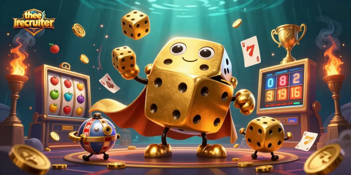 Theeirecruiter promotes a dynamic online casino scene with a golden dice golem and vibrant game elements.