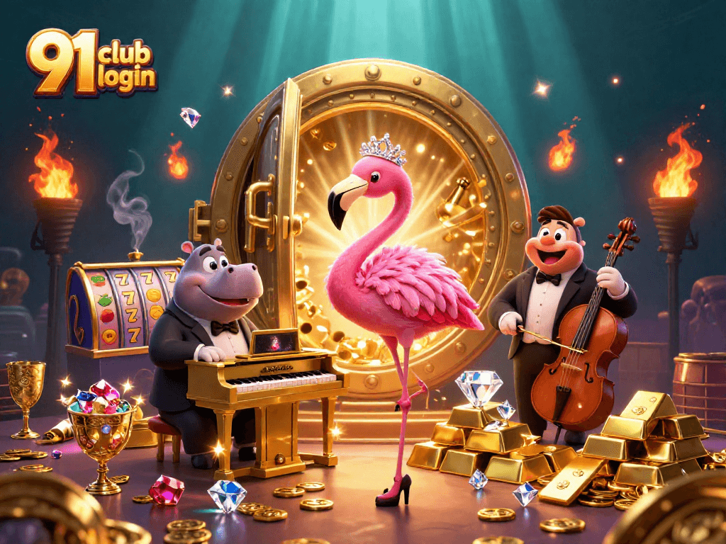 Engage in the thrill of 91 club login with vibrant casino characters and slot elements.