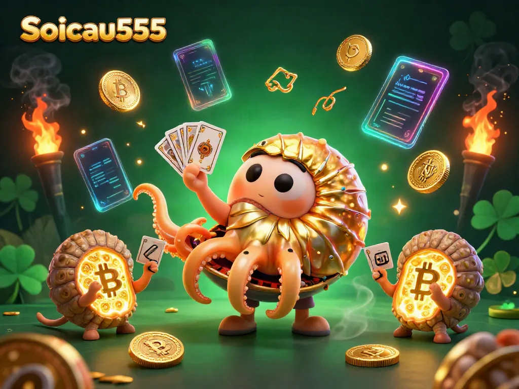 Engage with soicau555's thrilling casino experience featuring a giant nautilus roulette wheel and glowing cryptocurrency elements.