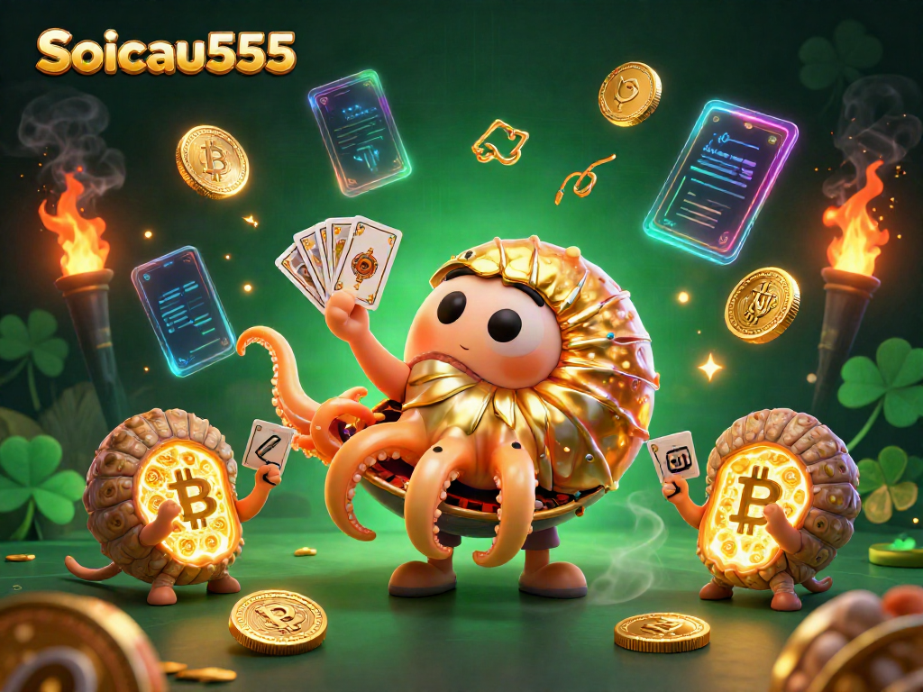 Engage with soicau555's thrilling casino experience featuring a giant nautilus roulette wheel and glowing cryptocurrency elements.