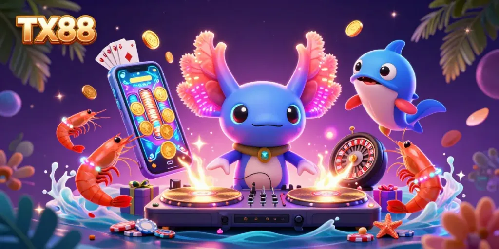 Engage with TX88 through thrilling slot games and vibrant casino action in an underwater dance party.