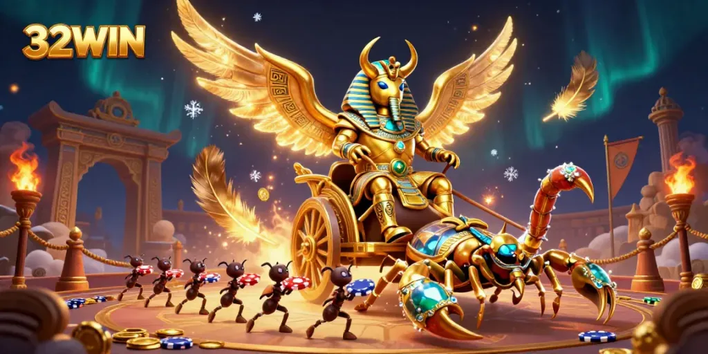 Experience thrilling gameplay at 32WIN with a dynamic casino scene featuring vibrant characters and gambling elements.