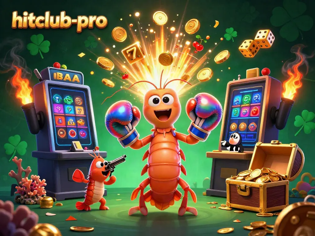 Experience thrilling wins at hitclub-pro with a vibrant casino-themed scene featuring cartoon characters and exciting game elements.