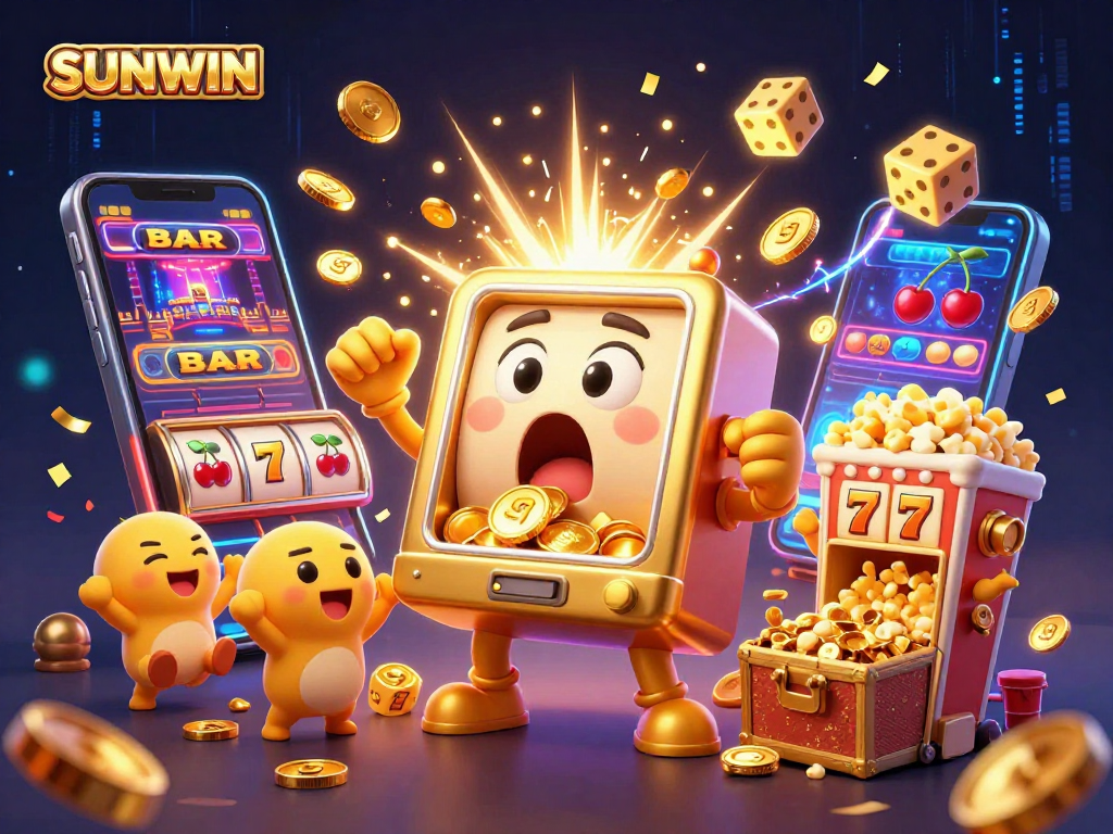 SUNWIN slot machine hits a jackpot as coins cascade down, creating a vibrant casino scene.