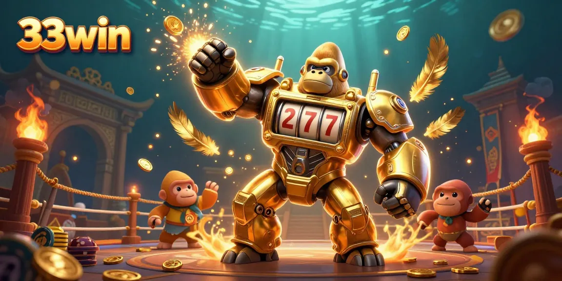 Engage with thrilling action at 33win, featuring a golden gorilla mech in an electrifying casino scene.