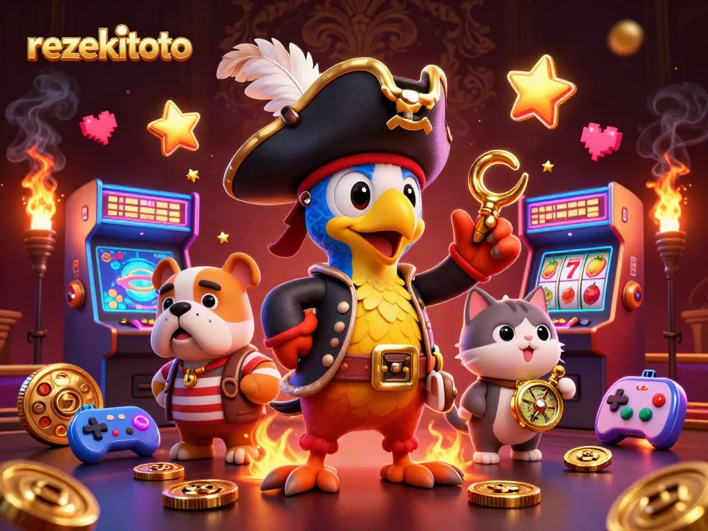 Win big with rezekitoto in this engaging 3D casino-themed illustration filled with colorful game elements.