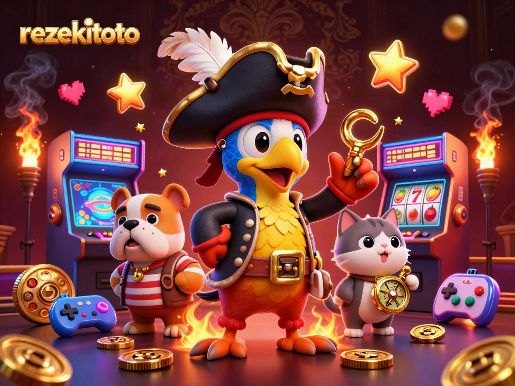 Win big with rezekitoto in this engaging 3D casino-themed illustration filled with colorful game elements.