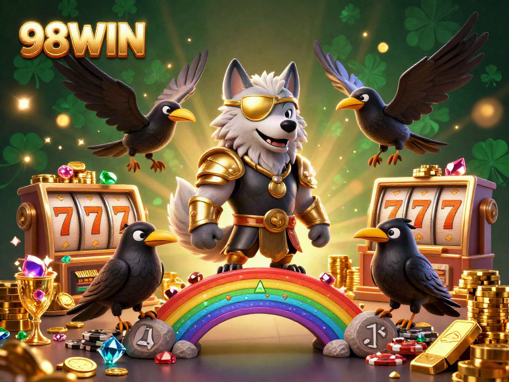 Engage with the vibrant world of 98WIN featuring a mythical Norse wolf and rich casino elements.