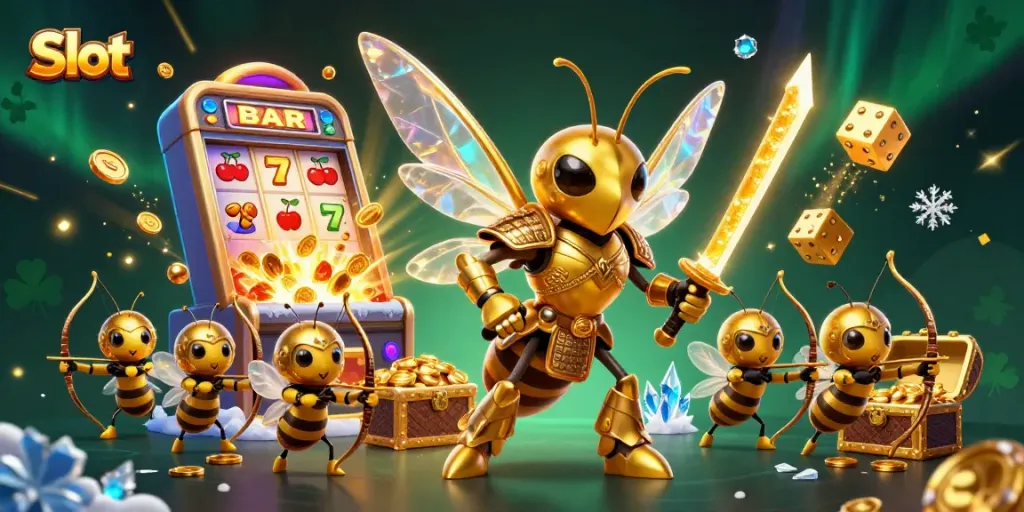Experience thrilling Slot action with a golden samurai hornet amidst jackpots and vibrant casino elements.