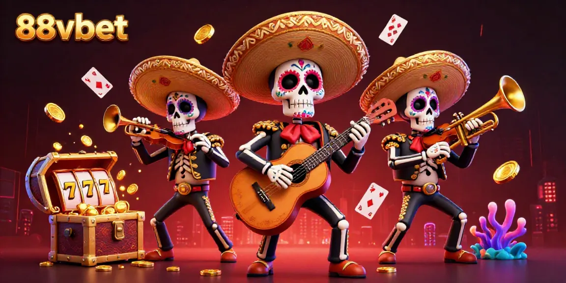 Engage with 88vbet's vibrant 3D illustration of a mariachi band amid casino elements, showcasing thrilling gaming action.