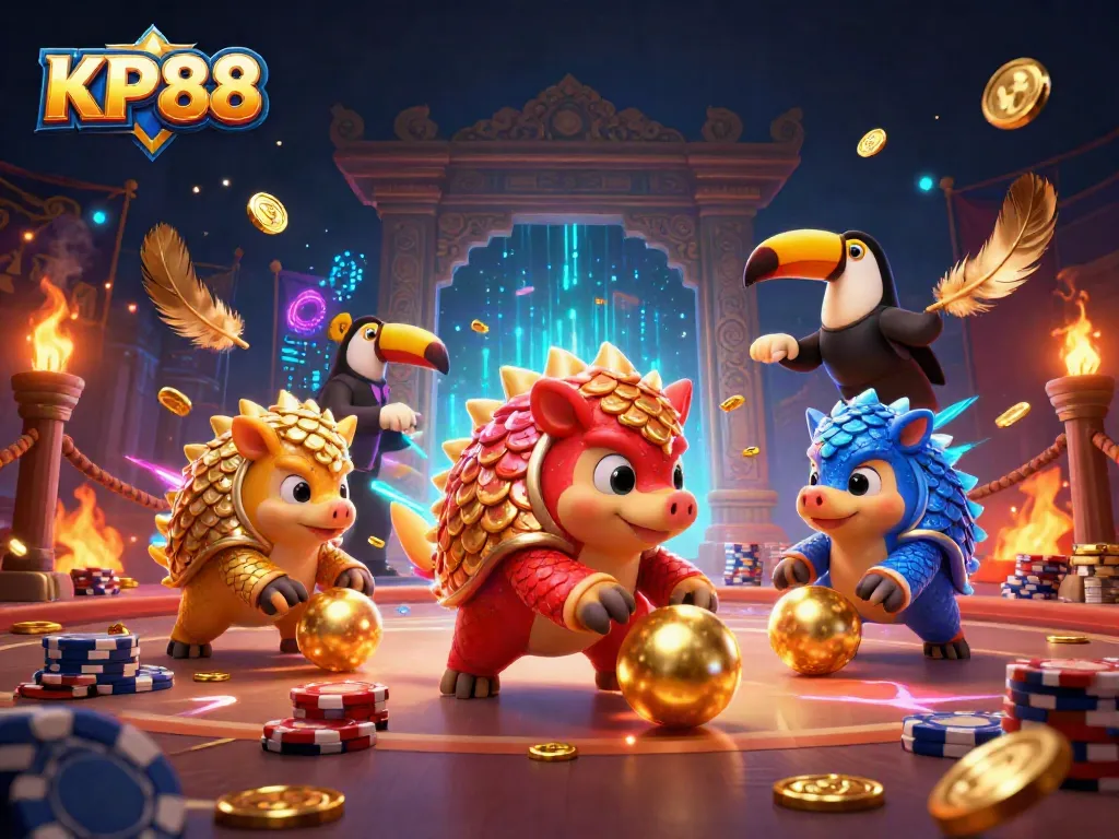 Experience KP88 with lively rival pangolins competing in a vibrant casino setting, enhanced by colorful game elements.