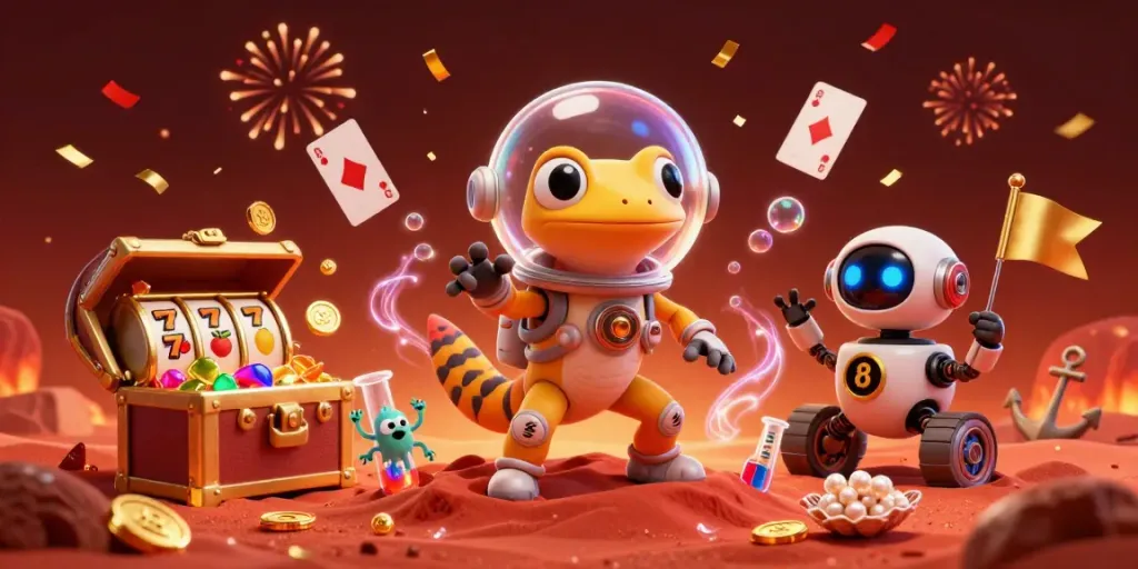 Engage in depo pulsa action with a cartoon Martian gecko exploring a vibrant casino on Mars.