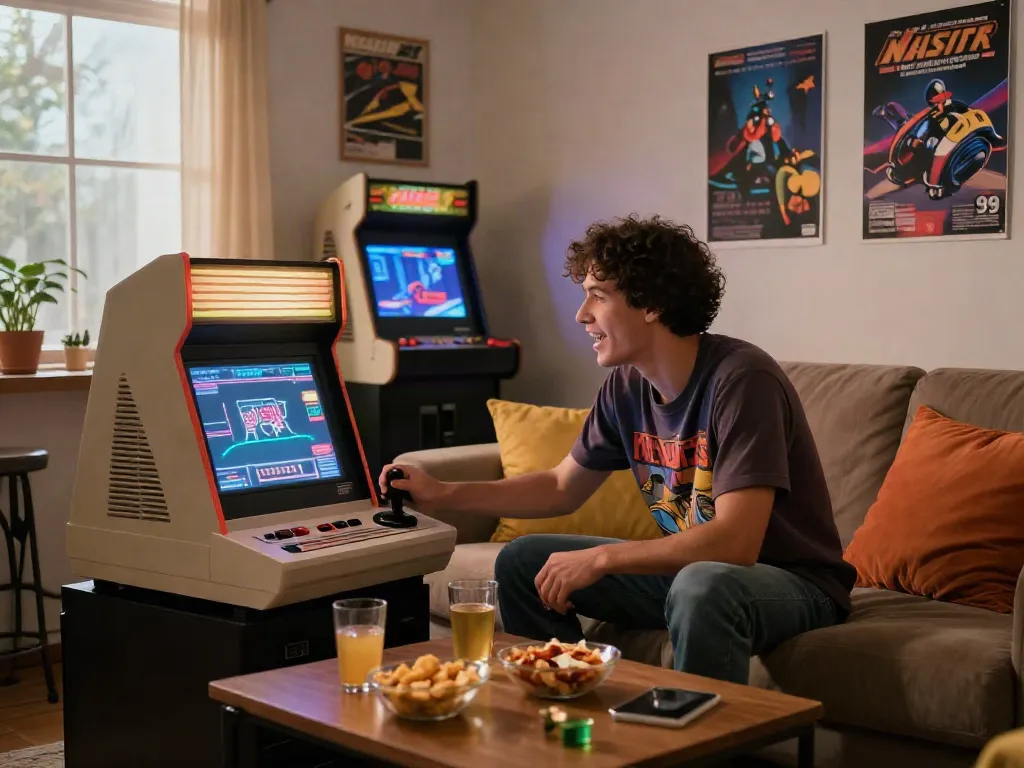 Exciting gaming moment with pecah404 console and vintage decor.