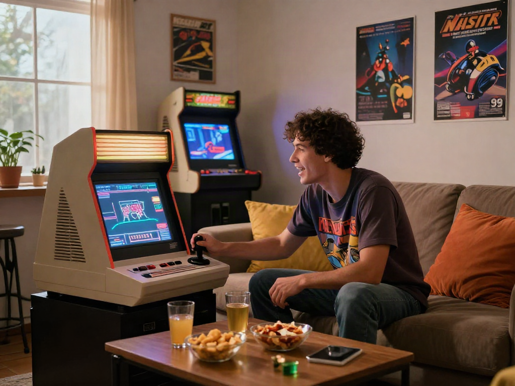Exciting gaming moment with pecah404 console and vintage decor.