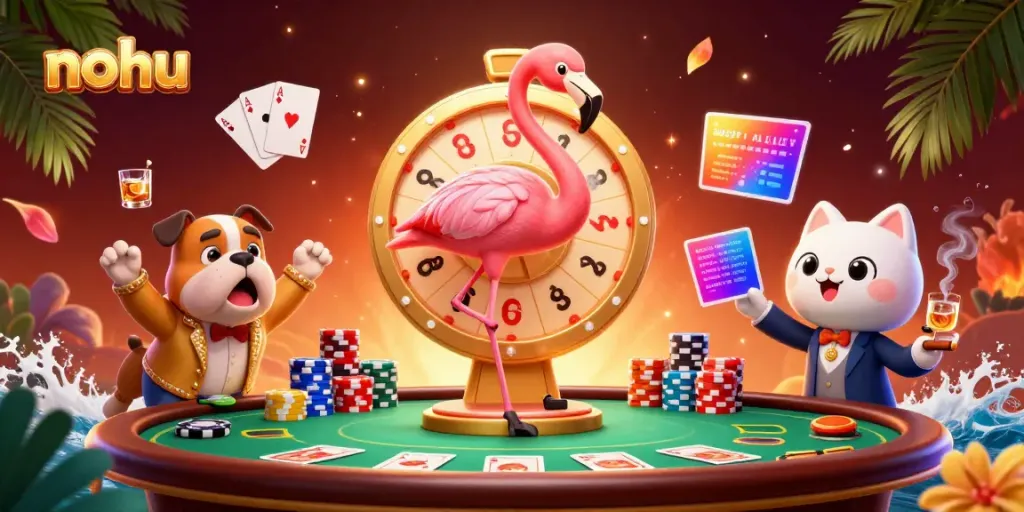 Experience the thrill of nohu slots with vibrant characters and dynamic casino elements in this colorful 3D illustration.