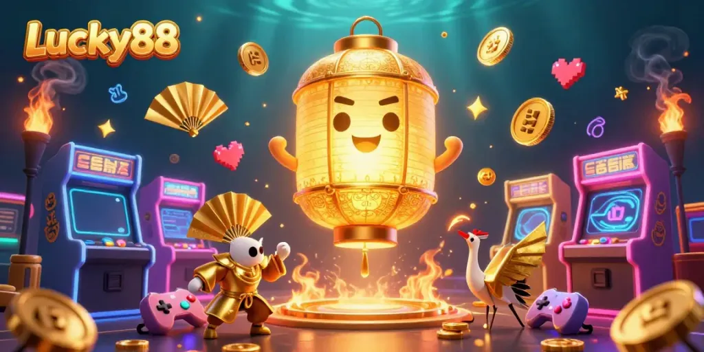 Experience the magic of Lucky88 with a vibrant casino scene showcasing a glowing lantern spirit and golden companions.