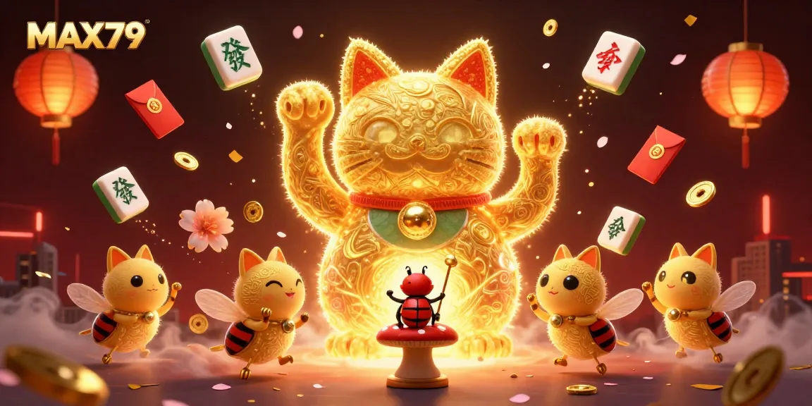 Experience excitement at MAX79 with a giant lucky cat waving amidst vibrant casino symbols.