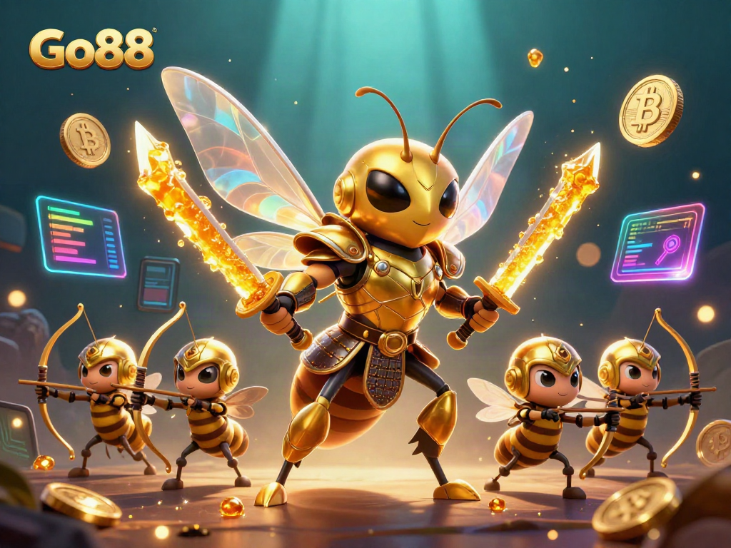 Play to win at Go88 with this vibrant digital casino scene featuring immersive 3D characters and elements.
