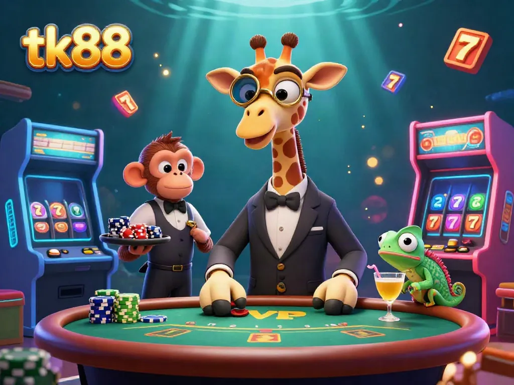 Engage in fun at tk88 casino with an energetic giraffe, monkey valet, and chameleon bartender.