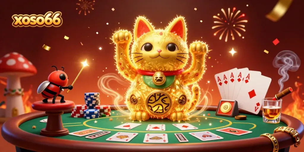 Engage with xoso66's unique online gaming experience featuring a lucky cat and poker elements.