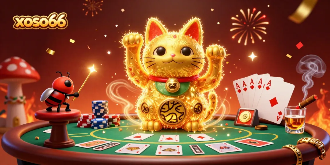 Engage with xoso66's unique online gaming experience featuring a lucky cat and poker elements.