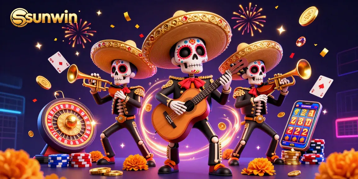 Experience the excitement of sunwin with a vibrant Dia de los Muertos mariachi band amidst casino elements.