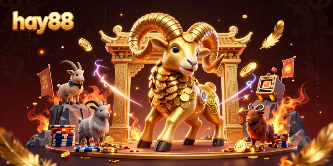 Engage with the exciting world of hay88, illustrated by a golden ram charging through a casino-themed landscape.