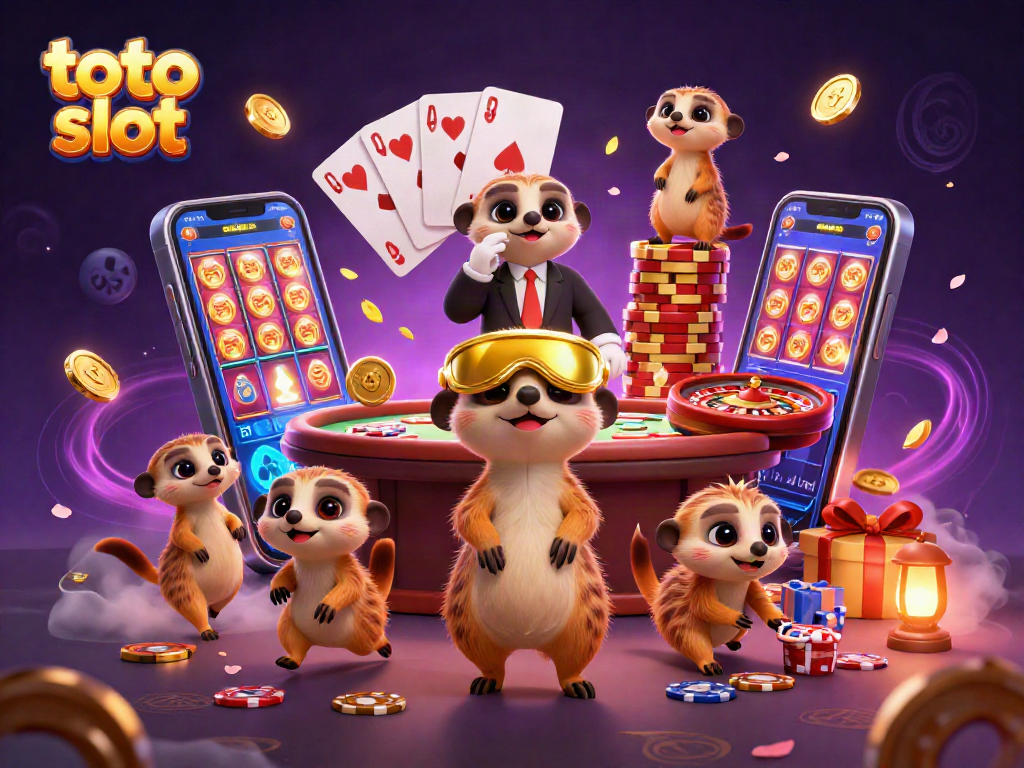 Engage with the thrilling toto slot experience in this animated casino scene featuring quirky meerkats.