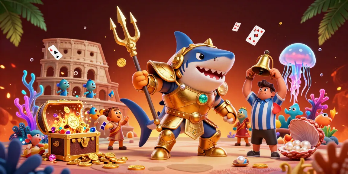 Socolive features an exciting underwater casino scene with a shark gladiator and cheering fish.