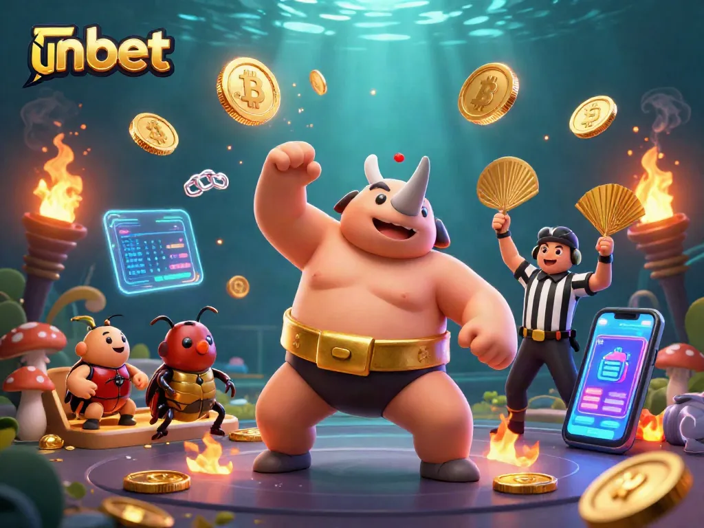 Experience nbet thrills as a rhinoceros beetle champion stomps, sending coins flying in a vibrant casino.