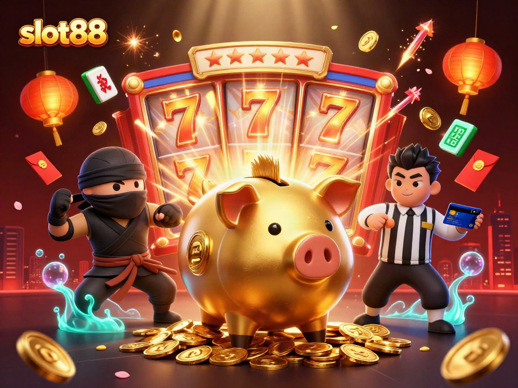 Experience thrilling slot88 action with golden piggy bank, ninja, and samurai characters in vibrant scene.