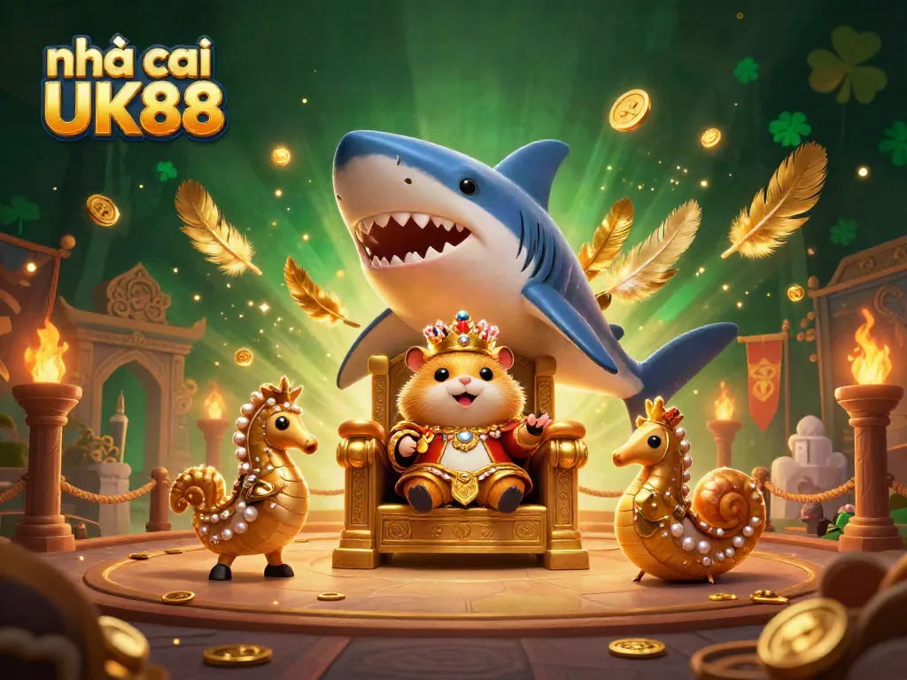 Experience the vibrant world of nhà cái UK88 with a regal golden hamster king and aquatic guardians amidst a dynamic casino scene.
