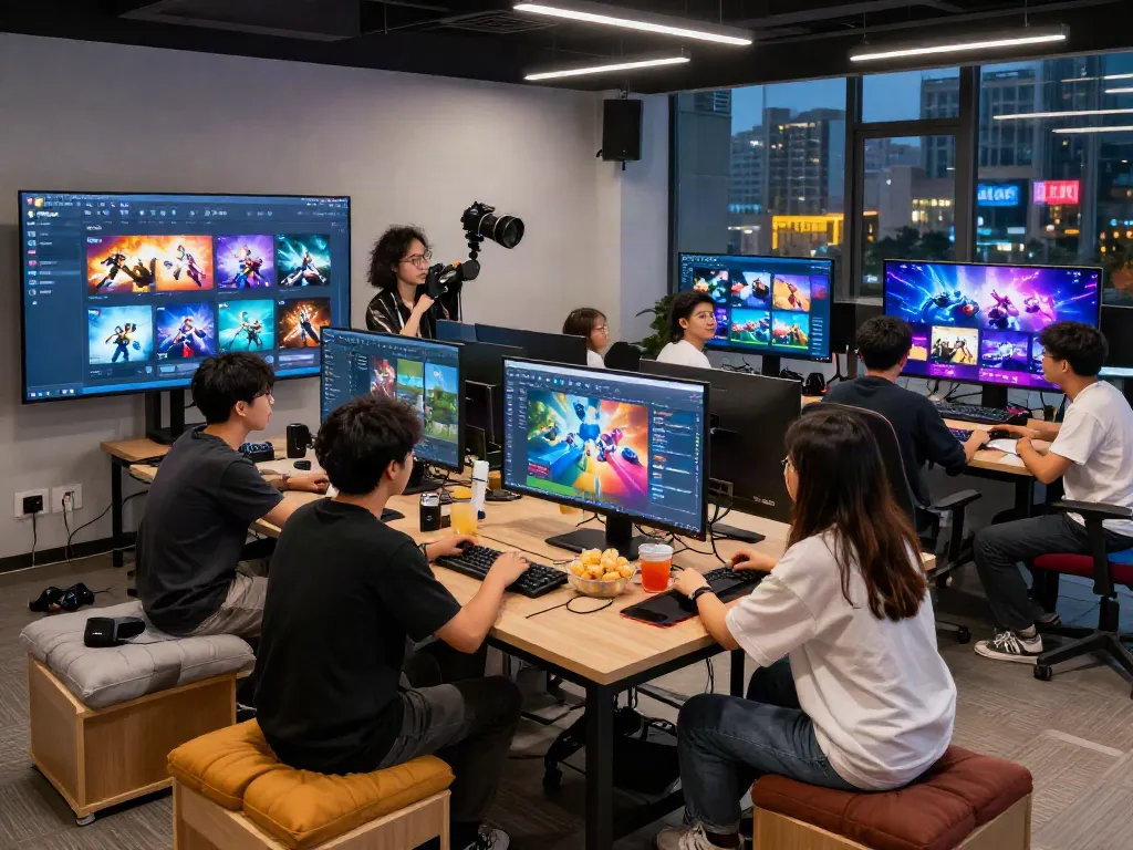 Group of friends enjoying Garuda 404 digital gaming platform in a modern workspace