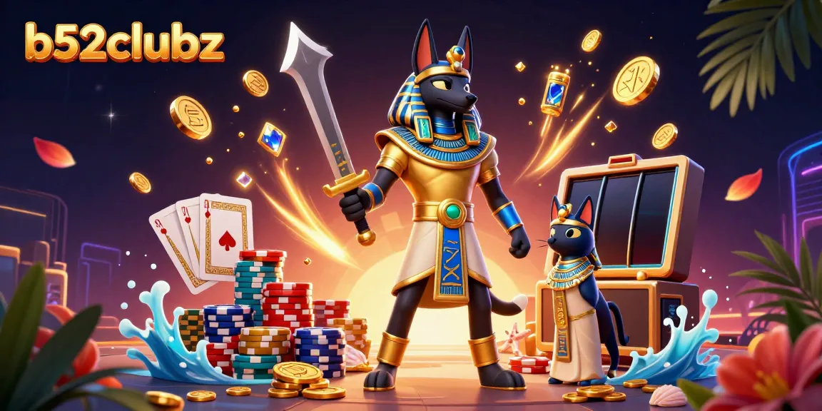 Experience the excitement of b52clubz with Anubis and Bastet amidst cascading coins and poker chips.