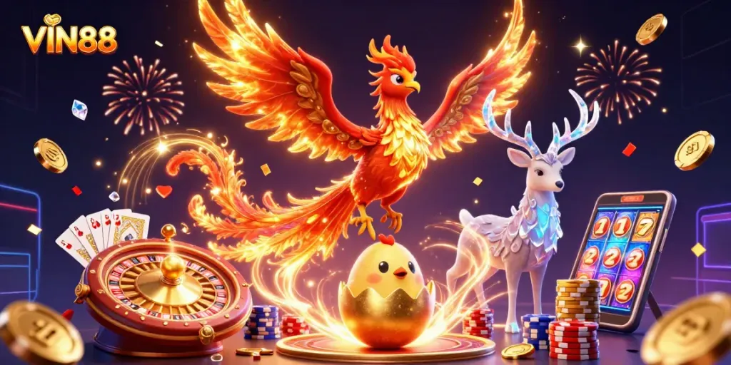 Experience the excitement of VIN88 with a vibrant casino scene featuring lucky symbols and rich textures.