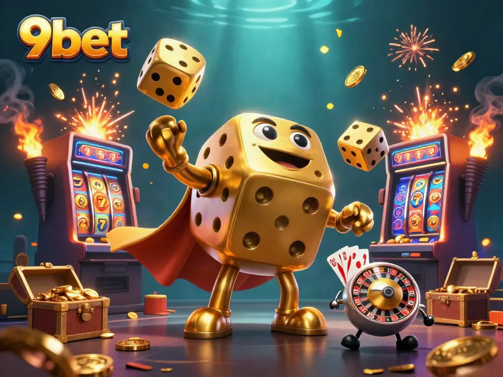 Play exciting casino games at 9bet with a dynamic 3D illustration of golden dice and a jackpot explosion.