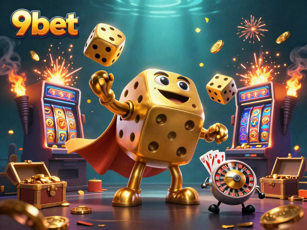 Play exciting casino games at 9bet with a dynamic 3D illustration of golden dice and a jackpot explosion.