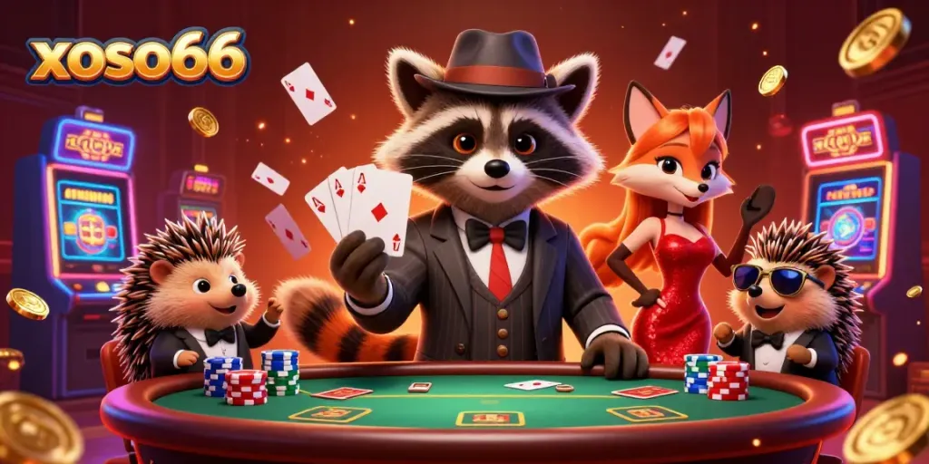Experience excitement at xoso66 with a raccoon holding a royal flush in a lively casino environment.