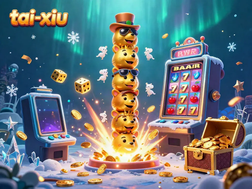 Experience the thrilling tai-xiu game with a vibrant 3D illustration featuring a golden totem, slots, and cascading coins.