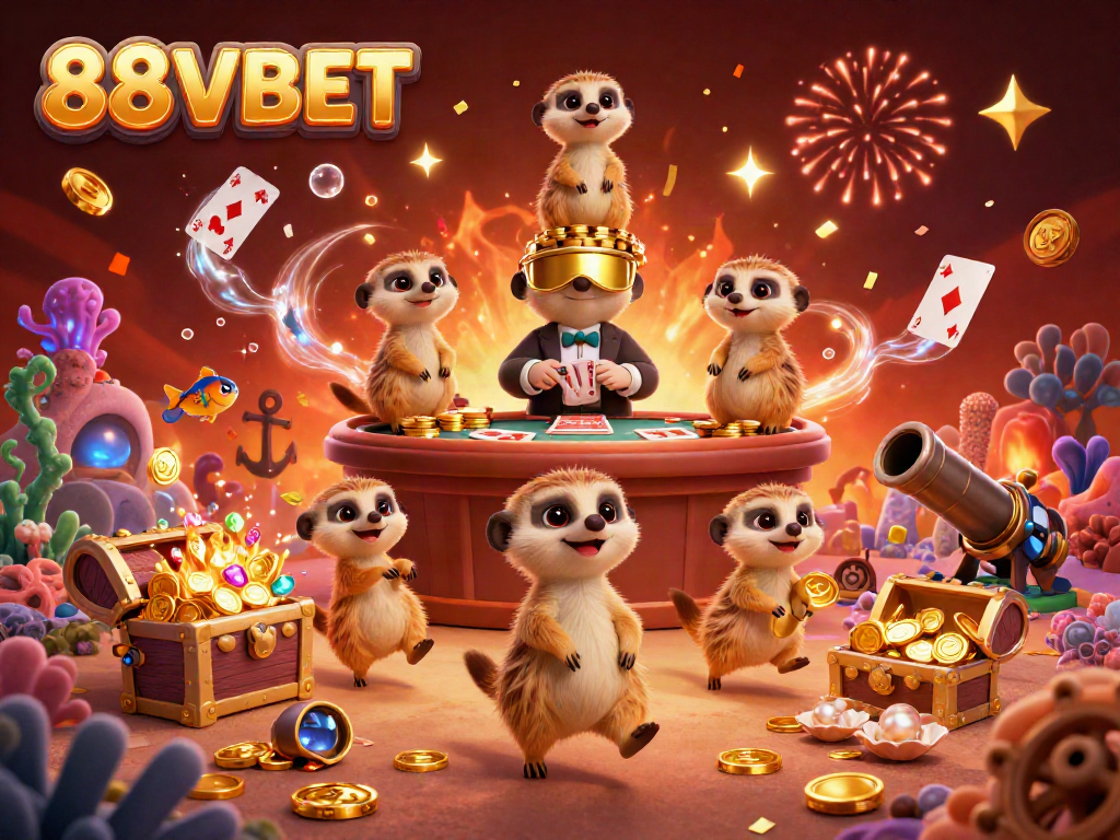Experience the excitement of 88VBET with playful meerkats managing a vibrant casino scene, celebrating wins.