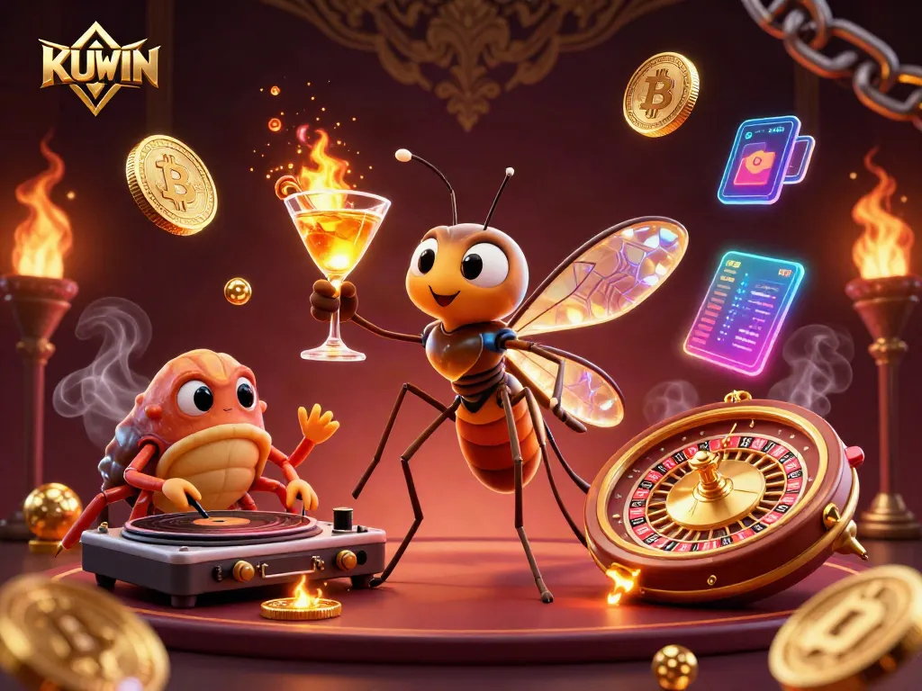 KUWIN casino mascot holding a golden cocktail, amidst vibrant crypto elements and a golden roulette wheel.