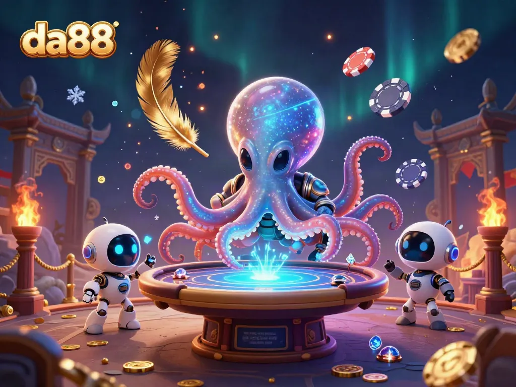 Engage with the thrilling world of da88 featuring a vibrant 3D scene filled with an alien octopus at a poker table.