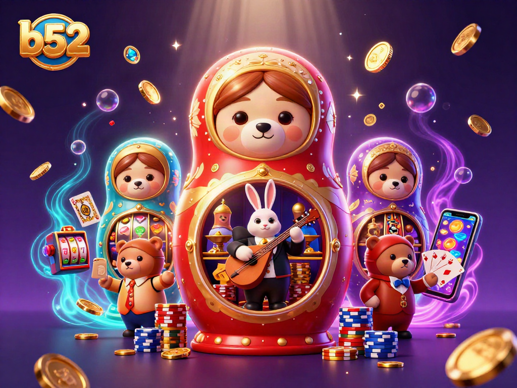 Engage in exciting b52 casino action with vibrant slot machine reels, shimmering gems, and animated characters.