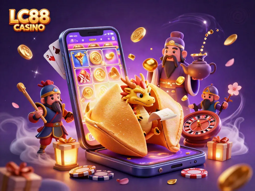 Experience the vibrant excitement at LC88 CASINO with dragons, fortune cookies, and thrilling casino elements.