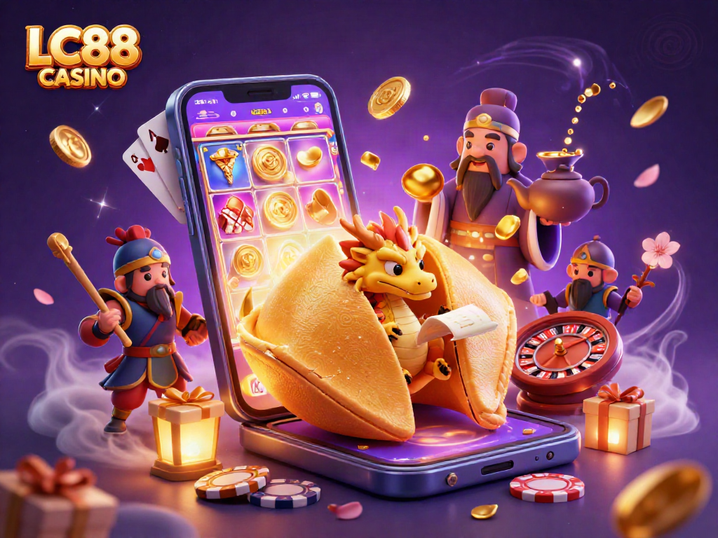 Experience the vibrant excitement at LC88 CASINO with dragons, fortune cookies, and thrilling casino elements.