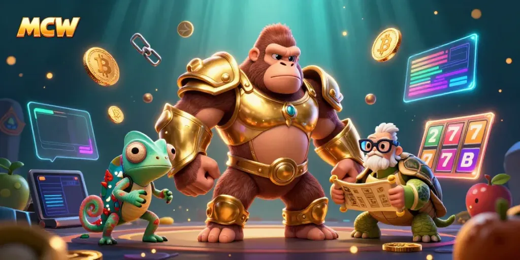 MCW showcases an engaging betting scene with a powerful gorilla in armor, vibrant slot reels, and crypto currency elements.
